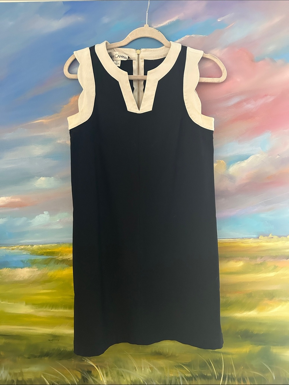 Sara Campbell Navy Dress with White Scalloped Trim